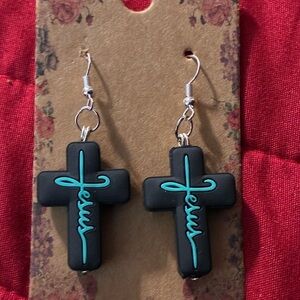 Black Cross Earrings with Teal Jesus Design
